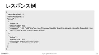 レスポンス例
kyrt @takekazuomi 252018/01/27
{
"itemsReceived": 5,
"itemsAccepted": 3,
"errors": [
{
"index": 0,
"statusCode": 400,
"message": "103: Field 'time' on type 'Envelope' is older than the allowed min date. Expected: now
- 172800000ms, Actual: now - 226881806ms"
},
{
"index": 2,
"statusCode": 500,
"message": "Internal Server Error"
}
]
}
 