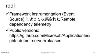 rddf
Framework instrumentation (Event
Source) によって収集されたRemote
dependency telemetry
Public versions:
https://github.com/Microsoft/ApplicationInsi
ghts-dotnet-server/releases
kyrt @takekazuomi 312018/01/27
 