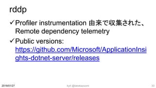 rddp
Profiler instrumentation 由来で収集された、
Remote dependency telemetry
Public versions:
https://github.com/Microsoft/ApplicationInsi
ghts-dotnet-server/releases
kyrt @takekazuomi 332018/01/27
 