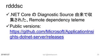 rdddsc
.NET Core の Diagnostic Source 由来で収
集された、Remote dependency teleme
Public versions:
https://github.com/Microsoft/ApplicationInsi
ghts-dotnet-server/releases
kyrt @takekazuomi 352018/01/27
 
