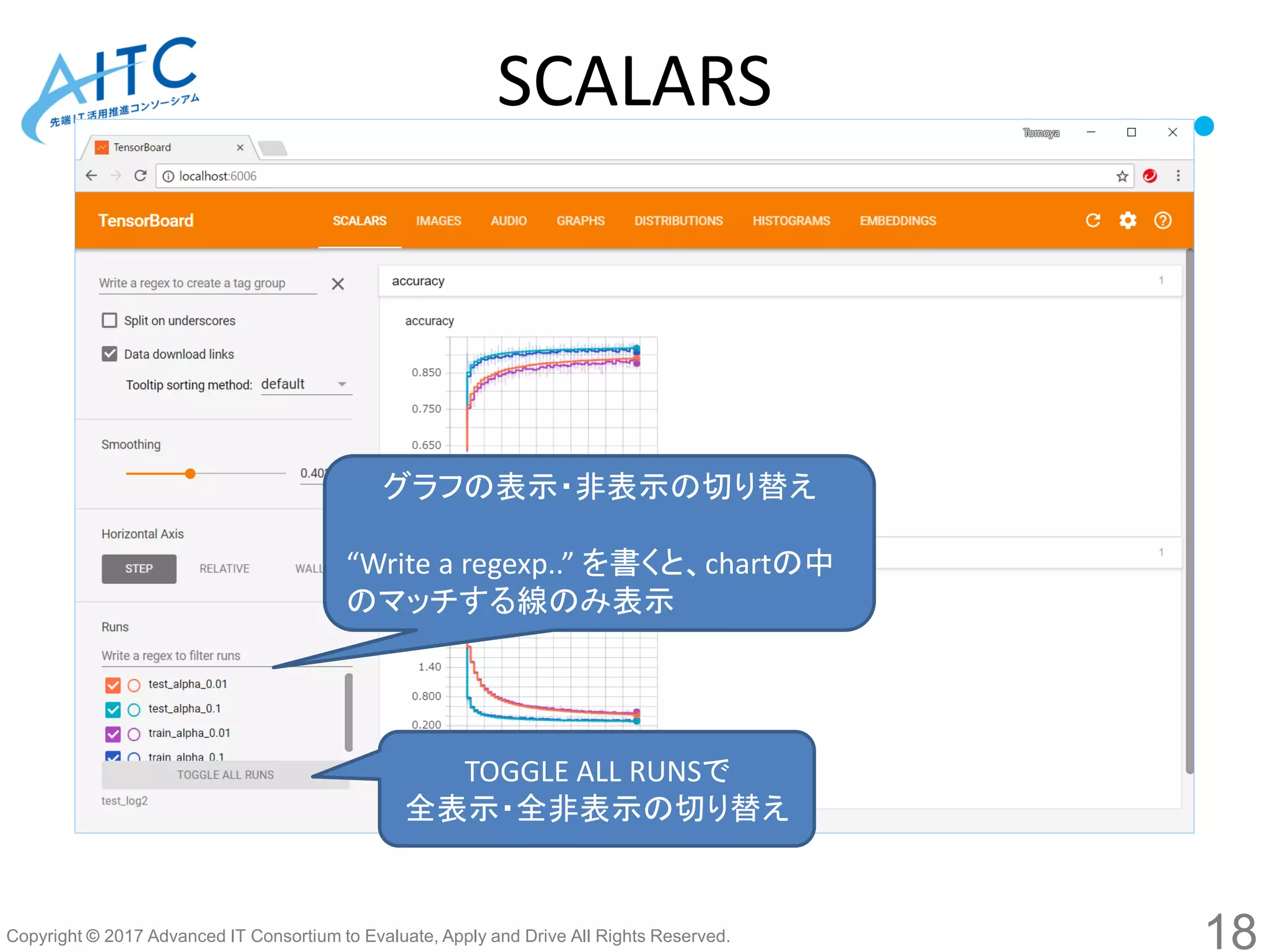 Copyright © 2017 Advanced IT Consortium to Evaluate, Apply and Drive All Rights Reserved.
グラフの表示・非表示の切り替え
“Write a regexp..” を書くと、chartの中
のマッチする線のみ表示
TOGGLE ALL RUNSで
全表示・全非表示の切り替え
SCALARS
18
 