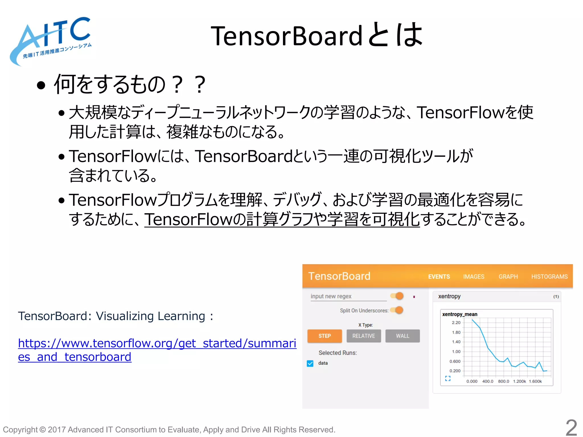 Copyright © 2017 Advanced IT Consortium to Evaluate, Apply and Drive All Rights Reserved.
TensorBoardとは
• 何をするもの？？
• 大規模なディープニューラルネットワークの学習のような、TensorFlowを使
用した計算は、複雑なものになる。
• TensorFlowには、TensorBoardという一連の可視化ツールが
含まれている。
• TensorFlowプログラムを理解、デバッグ、および学習の最適化を容易に
するために、TensorFlowの計算グラフや学習を可視化することができる。
TensorBoard: Visualizing Learning :
https://www.tensorflow.org/get_started/summari
es_and_tensorboard
2
 
