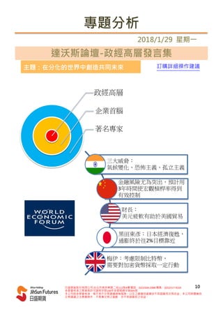 專題分析
2018/1/29 星期一
達沃斯論壇-政經高層發言集
日盛期貨股份有限公司 台北市南京東路二段111號4樓 電話：(02)2504-2088 傳真：(02)2517-9224
金管會核准之期貨商許可證照字號100年金管期總字第005號
本公司經金管會核准，惟不表示交易建議絕無風險。以往之建議投資績效不保證最低交易收益；本公司除盡善良
交易建議之注意義務外，不負責交易之盈虧，亦不保證最低之收益。
10
訂購詳細操作建議
政經高層
企業首腦
著名專家
主題：在分化的世界中創造共同未來
三大威脅：
氣候變化、恐怖主義、孤立主義
金融風險尤為突出，預計用
3年時間使宏觀槓桿率得到
有效控制
財長：
美元疲軟有助於美國貿易
黑田東彥：日本經濟復甦，
通膨終於往2%目標靠近
梅伊：考慮限制比特幣，
需要對加密貨幣採取一定行動
 