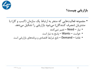 ‫چیست؟‬ ‫بازاریابی‬
•‫سازمان‬ ‫یک‬ ‫ارتباط‬ ‫به‬ ‫منجر‬ ‫که‬ ‫هایی‬‫فعالیت‬ ‫مجموعه‬(‫ک‬ ‫و‬ ‫کسب‬‫ار‬)‫با‬
‫مشتریان‬(‫کنندگان‬ ‫مصرف‬)‫ده‬‫می‬ ‫تشکیل‬ ‫را‬ ‫بازاریابی‬ ‫شود‬‫می‬‫د‬.
•‫نیاز‬–Need–‫کنند‬‫نمی‬ ‫تغییر‬
•‫خواست‬–Wants–‫است‬ ‫نیاز‬ ‫به‬ ‫پاسخ‬
•‫تقاضا‬–Demand–‫است‬ ‫بازاریابی‬ ‫های‬‫برنامه‬ ‫و‬ ‫اقتصادی‬ ‫شرایط‬ ‫تابع‬
‫ماه‬‫بهمن‬1396 http://digromy.com 12
 