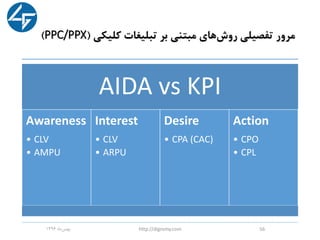 ‫کلیکی‬ ‫تبلیغات‬ ‫بر‬ ‫مبتنی‬ ‫های‬‫روش‬ ‫تفصیلی‬ ‫مرور‬(PPC/PPX)
‫ماه‬‫بهمن‬1396 http://digromy.com 56
AIDA vs KPI
Awareness
• CLV
• AMPU
Interest
• CLV
• ARPU
Desire
• CPA (CAC)
Action
• CPO
• CPL
 