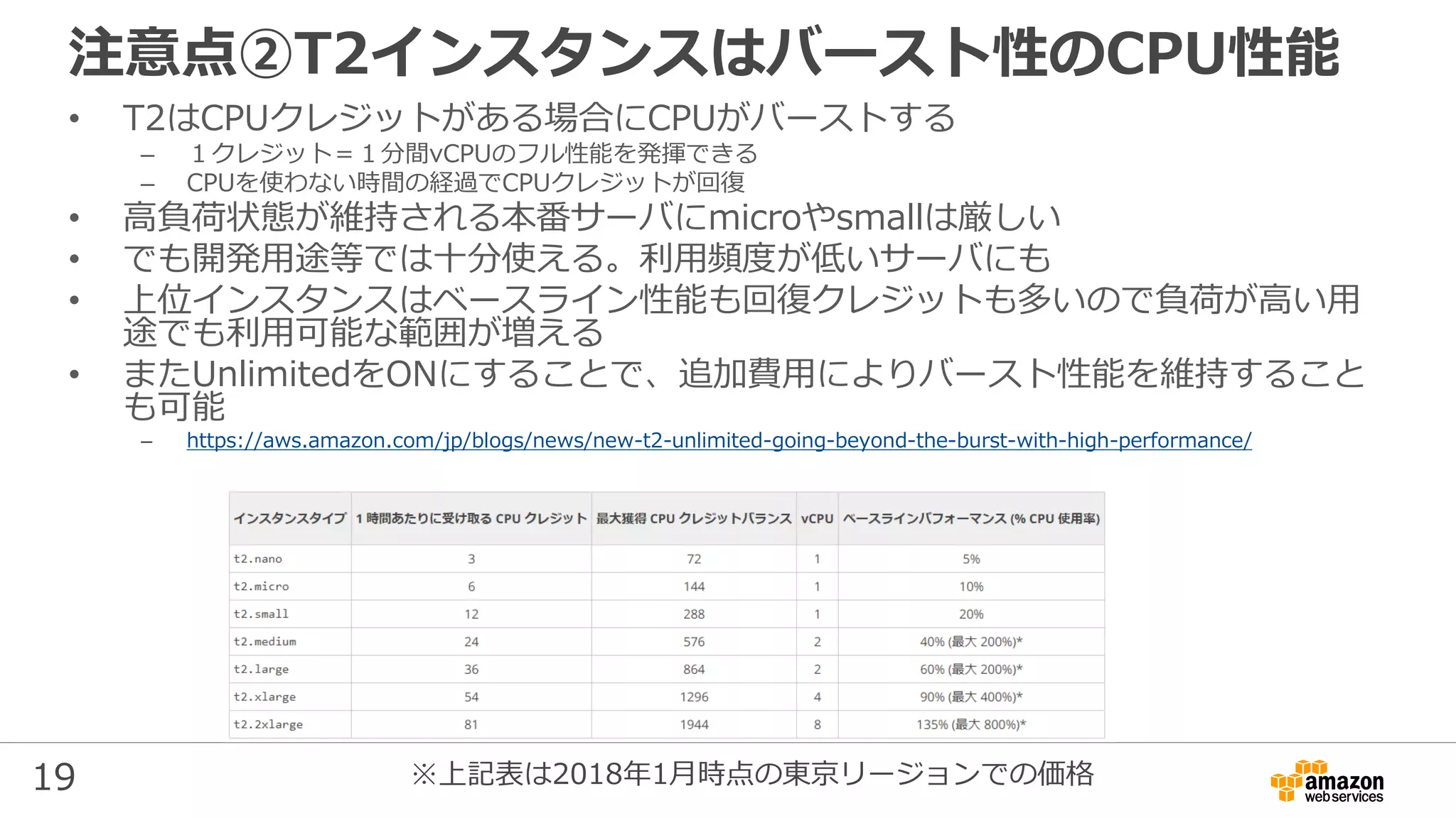 19
注意点②T2インスタンスはバースト性のCPU性能
• T2はCPUクレジットがある場合にCPUがバーストする
– １クレジット＝１分間vCPUのフル性能を発揮できる
– CPUを使わない時間の経過でCPUクレジットが回復
• 高負荷状態が維持される本番サーバにmicroやsmallは厳しい
• でも開発用途等では十分使える。利用頻度が低いサーバにも
• 上位インスタンスはベースライン性能も回復クレジットも多いので負荷が高い用
途でも利用可能な範囲が増える
• またUnlimitedをONにすることで、追加費用によりバースト性能を維持すること
も可能
– https://aws.amazon.com/jp/blogs/news/new-t2-unlimited-going-beyond-the-burst-with-high-performance/
※上記表は2018年1月時点の東京リージョンでの価格
 