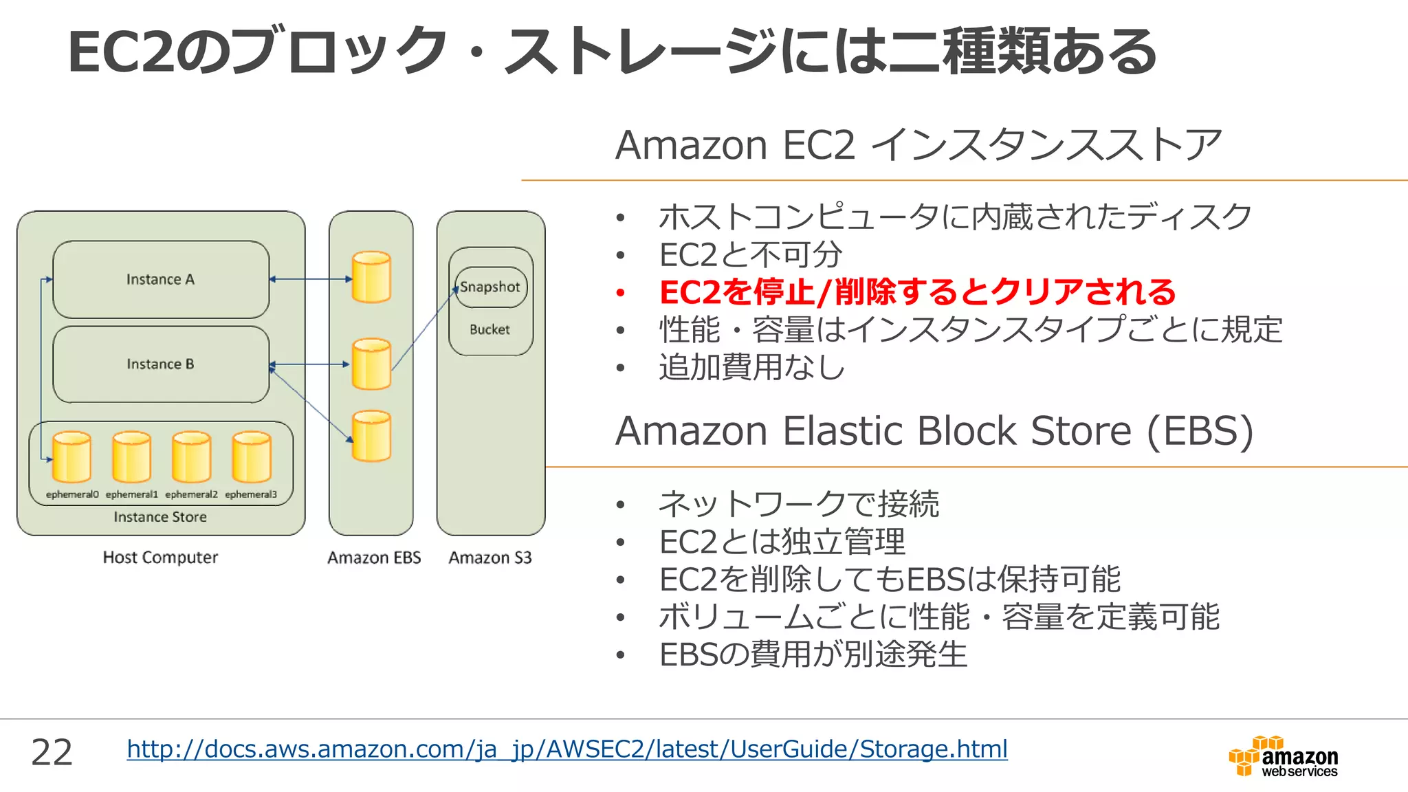 22
EC2のブロック・ストレージには二種類ある
Amazon EC2 インスタンスストア
• ホストコンピュータに内蔵されたディスク
• EC2と不可分
• EC2を停止/削除するとクリアされる
• 性能・容量はインスタンスタイプごとに規定
• 追加費用なし
Amazon Elastic Block Store (EBS)
• ネットワークで接続
• EC2とは独立管理
• EC2を削除してもEBSは保持可能
• ボリュームごとに性能・容量を定義可能
• EBSの費用が別途発生
http://docs.aws.amazon.com/ja_jp/AWSEC2/latest/UserGuide/Storage.html
 