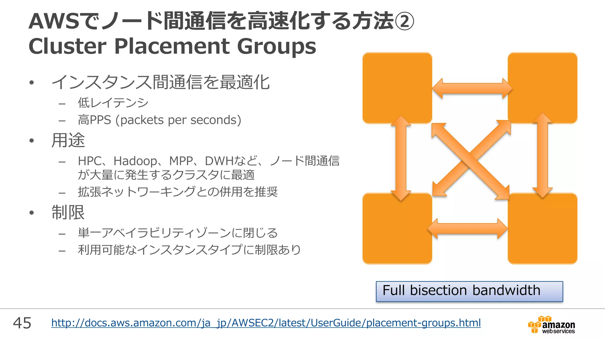 45
AWSでノード間通信を高速化する方法②
Cluster Placement Groups
• インスタンス間通信を最適化
– 低レイテンシ
– 高PPS (packets per seconds)
• 用途
– HPC、Hadoop、MPP、DWHなど、ノード間通信
が大量に発生するクラスタに最適
– 拡張ネットワーキングとの併用を推奨
• 制限
– 単一アベイラビリティゾーンに閉じる
– 利用可能なインスタンスタイプに制限あり
Full bisection bandwidth
http://docs.aws.amazon.com/ja_jp/AWSEC2/latest/UserGuide/placement-groups.html
 