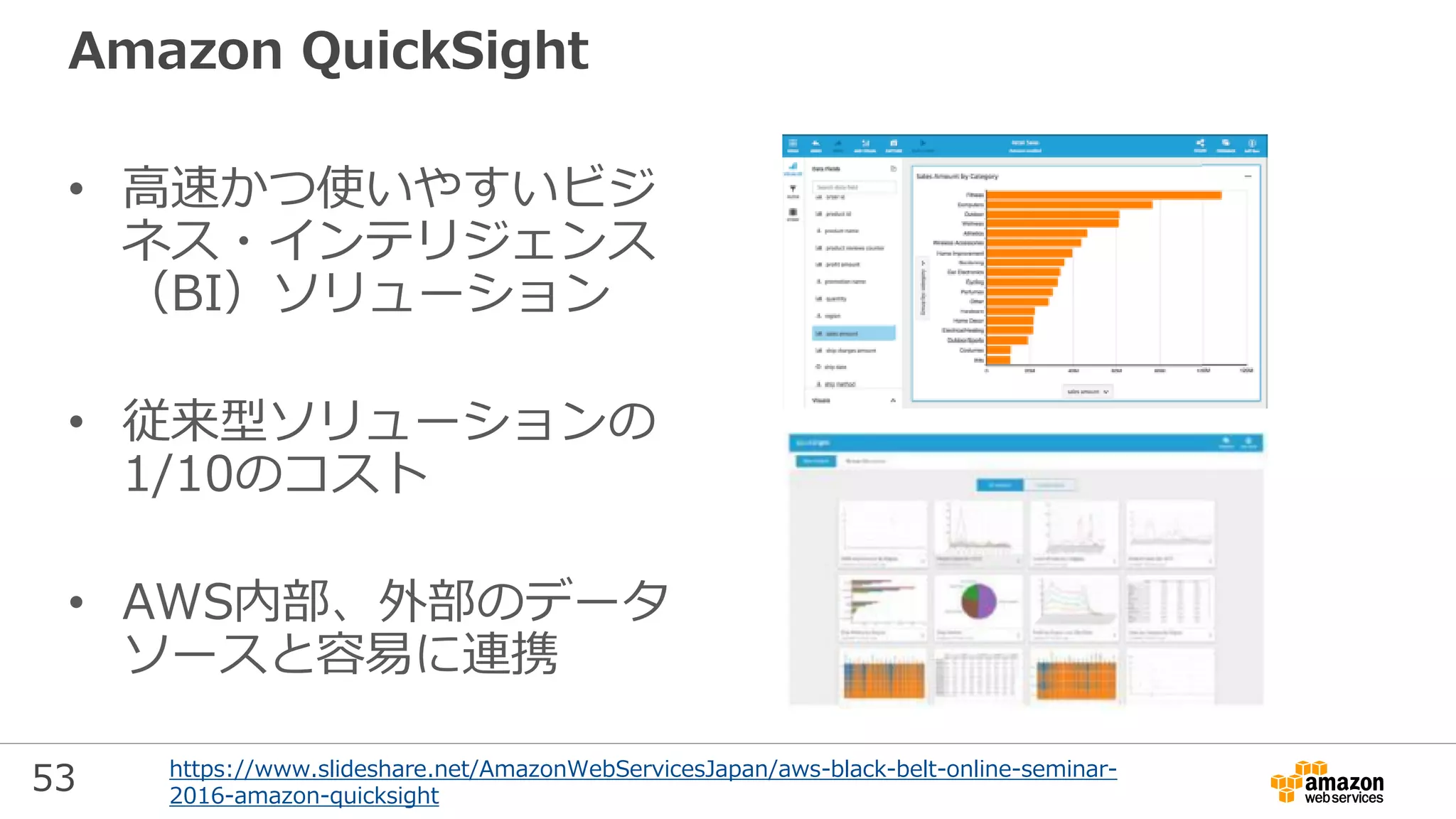53
Amazon QuickSight
• 高速かつ使いやすいビジ
ネス・インテリジェンス
（BI）ソリューション
• 従来型ソリューションの
1/10のコスト
• AWS内部、外部のデータ
ソースと容易に連携
https://www.slideshare.net/AmazonWebServicesJapan/aws-black-belt-online-seminar-
2016-amazon-quicksight
 