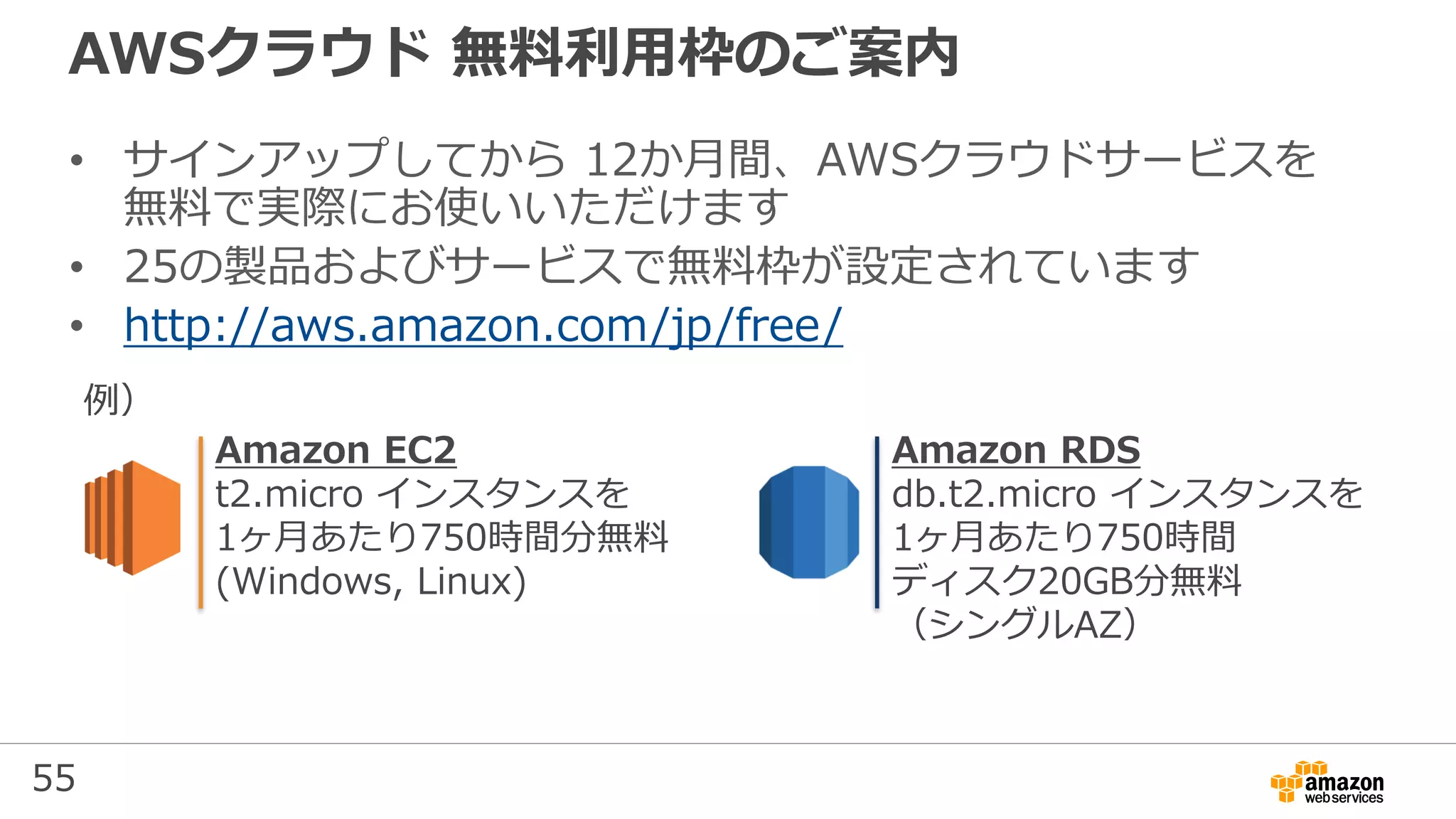55
AWSクラウド 無料利用枠のご案内
• サインアップしてから 12か月間、AWSクラウドサービスを
無料で実際にお使いいただけます
• 25の製品およびサービスで無料枠が設定されています
• http://aws.amazon.com/jp/free/
Amazon EC2
t2.micro インスタンスを
1ヶ月あたり750時間分無料
(Windows, Linux)
Amazon RDS
db.t2.micro インスタンスを
1ヶ月あたり750時間
ディスク20GB分無料
（シングルAZ）
例）
 