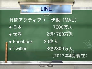 LINE
gƥ֥`MAU
? ձ 7000
?  2|1700
? Facebook 20|
? Twitter 3|2800
20174¬Fڣ
Yoshiaki NAKANO
 
