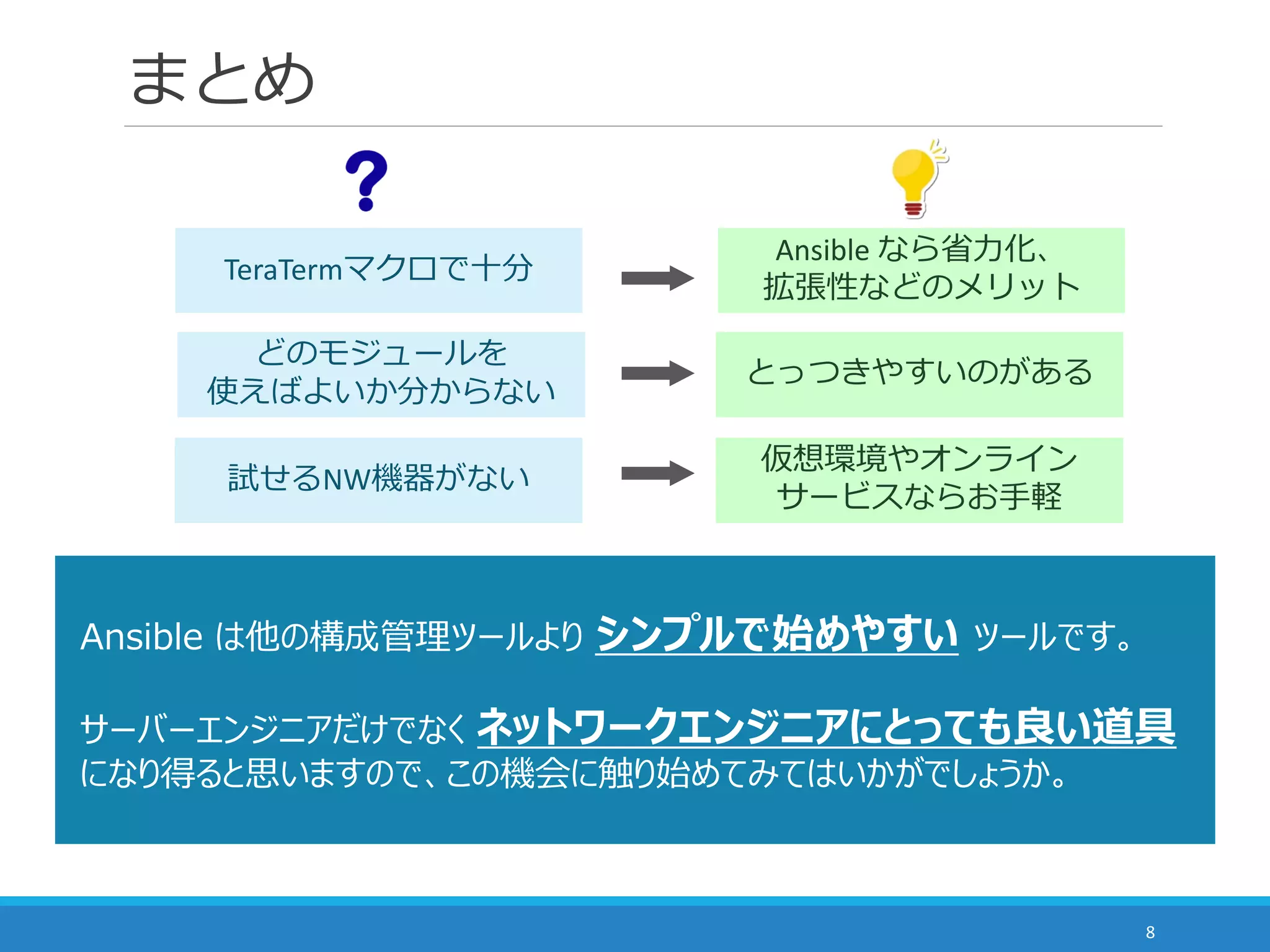 まとめ
8
試せるNW機器がない
Ansible なら省力化、
拡張性などのメリット
どのモジュールを
使えばよいか分からない
TeraTermマクロで十分
とっつきやすいのがある
仮想環境やオンライン
サービスならお手軽
Ansible は他の構成管理ツールより シンプルで始めやすい ツールです。
サーバーエンジニアだけでなく ネットワークエンジニアにとっても良い道具
になり得ると思いますので、この機会に触り始めてみてはいかがでしょうか。
 