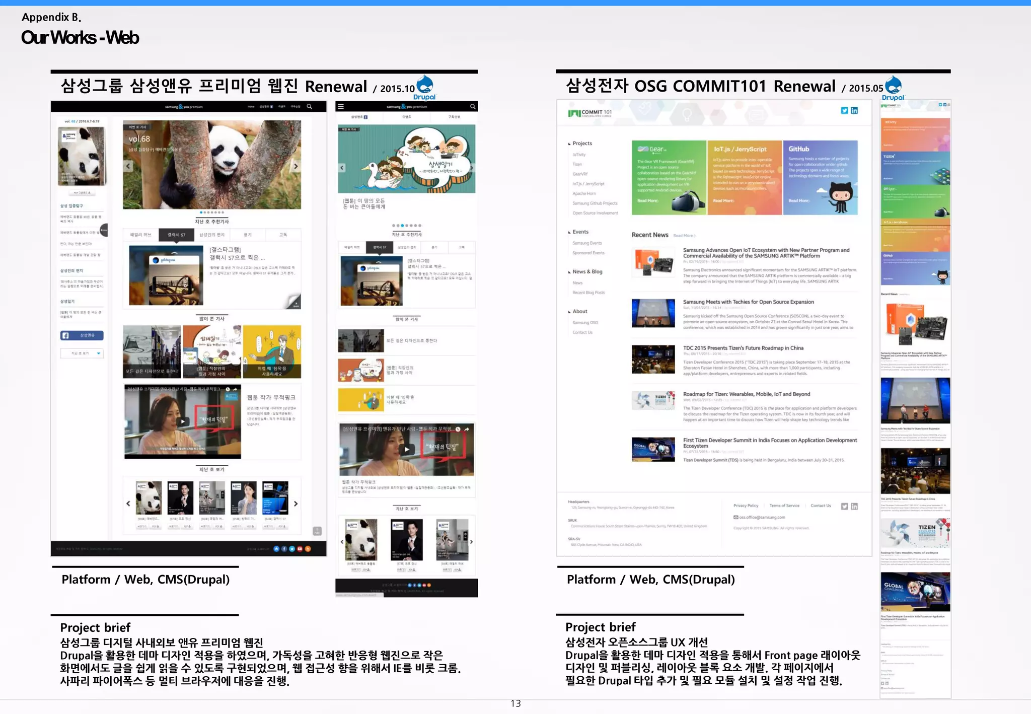 13
OurWorks-Web
Appendix B.
삼성전자 OSG COMMIT101 Renewal / 2015.05
Platform / Web, CMS(Drupal)
Project brief
삼성전자 오픈소스그룹 UX 개선
Drupal을 활용한 데마 디자인 적용을 통해서 Front page 래이아웃
디자인 및 퍼블리싱, 레이아웃 블록 요소 개발. 각 페이지에서
필요한 Drupal 타입 추가 및 필요 모듈 설치 및 설정 작업 진행.
삼성그룹 삼성앤유 프리미엄 웹진 Renewal / 2015.10
Platform / Web, CMS(Drupal)
Project brief
삼성그룹 디지털 사내외보 앤유 프리미엄 웹진
Drupal을 활용한 데마 디자인 적용을 하였으며, 가독성을 고혀한 반응형 웹진으로 작은
화면에서도 글을 쉽게 읽을 수 있도록 구현되었으며, 웹 접근성 향을 위해서 IE를 비롯 크롬.
사파리 파이어폭스 등 멀티 브라우저에 대응을 진행.
 