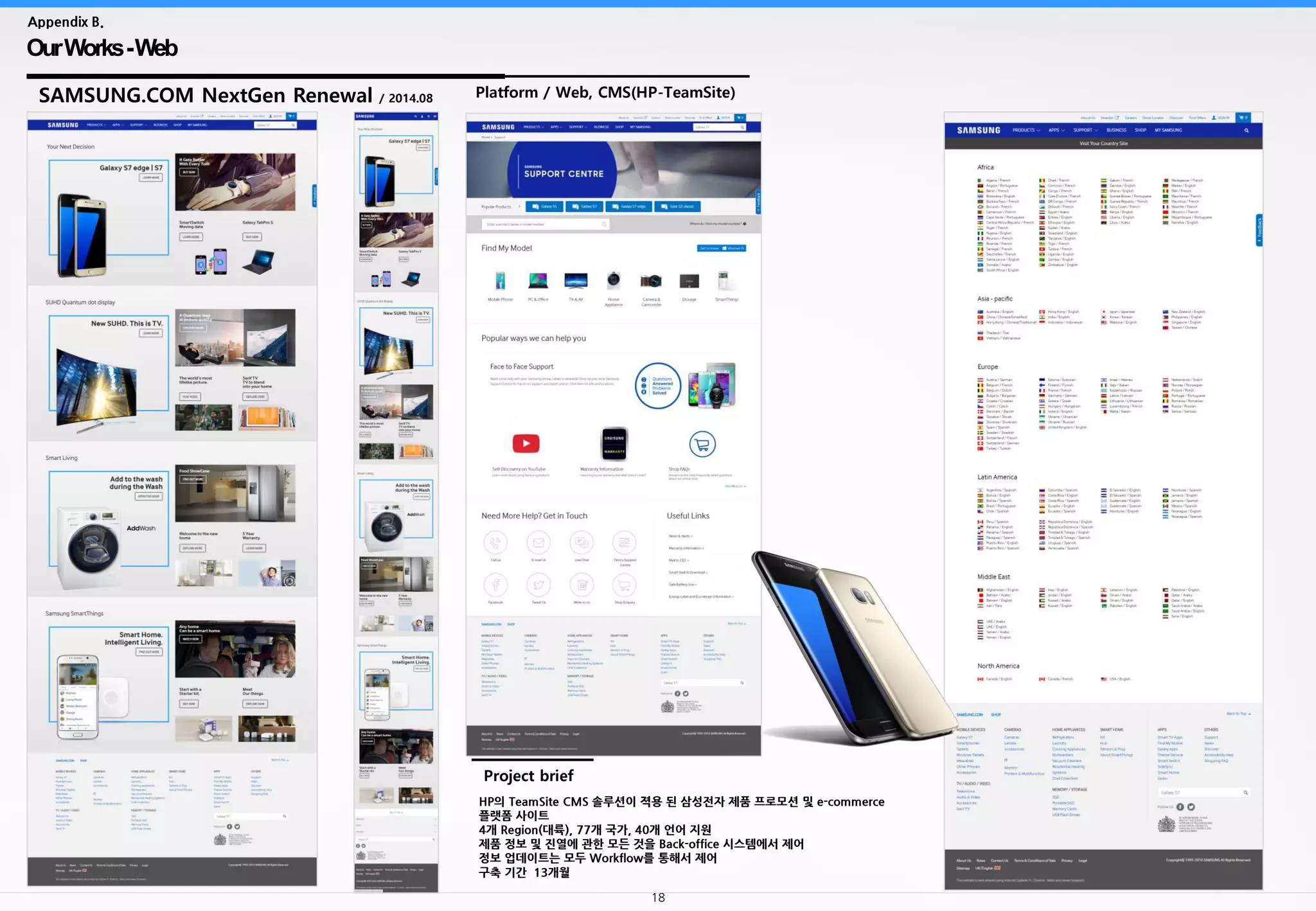 18
OurWorks-Web
Appendix B.
SAMSUNG.COM NextGen Renewal / 2014.08 Platform / Web, CMS(HP-TeamSite)
Project brief
HP의 TeamSite CMS 솔루션이 젹용 된 삼성전자 제품 프로모션 및 e-commerce
플랫폼 사이트
4개 Region(대륙), 77개 국가, 40개 언어 지원
제품 정보 및 진열에 관한 모든 것을 Back-office 시스템에서 제어
정보 업데이트는 모두 Workflow를 통해서 제어
구축 기간 13개월
 