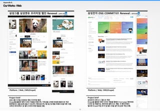 13
OurWorks-Web
Appendix B.
삼성전자 OSG COMMIT101 Renewal / 2015.05
Platform / Web, CMS(Drupal)
Project brief
삼성전자 오픈소스그룹 UX 개선
Drupal을 활용한 데마 디자인 적용을 통해서 Front page 래이아웃
디자인 및 퍼블리싱, 레이아웃 블록 요소 개발. 각 페이지에서
필요한 Drupal 타입 추가 및 필요 모듈 설치 및 설정 작업 진행.
삼성그룹 삼성앤유 프리미엄 웹진 Renewal / 2015.10
Platform / Web, CMS(Drupal)
Project brief
삼성그룹 디지털 사내외보 앤유 프리미엄 웹진
Drupal을 활용한 데마 디자인 적용을 하였으며, 가독성을 고혀한 반응형 웹진으로 작은
화면에서도 글을 쉽게 읽을 수 있도록 구현되었으며, 웹 접근성 향을 위해서 IE를 비롯 크롬.
사파리 파이어폭스 등 멀티 브라우저에 대응을 진행.
 