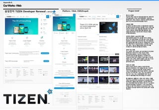 14
OurWorks-Web
Appendix B.
삼성전자 TIZEN Developer Renewal / 2015.07 Platform / Web, CMS(Drupal) Project brief
문서 UI 개선
직관적인 메뉴 사용으로 복잡성을 줄였으며, 현재 위치
인지성을 높일 수 있는 UI로 변경하였다. 연관 문서
항목을 문서, 영상, 다운로드 컨텐츠로 상세히 분류하여
탐색 시간 축소와 편의성에 중점을 두었다.
사용성 강화
업그레이드 된 페이지 만족도 조사를 통하여 사용자의
요구를 지속적으로 파악하고 관리할 수 있다. 또한 기술
상세 문서 탐색이 잦은 개발자를 위해 화면 가로 폭을
100% 사용하는 반응형 페이지를 제공하여, 많은
내용을 한눈에 볼 수 있도록 하여 가독성과 사용성
모두를 개선하였다.
전략적 콘텐츠 노출 영역 개발
개발자들에게 유용한 주요 정보를 이미지, 동영상,
텍스트 등 다양한 형태로 적극 홍보 할 수 있는 영역을
제공한다. 전략적으로 보여주어야 하는 주요 컨텐츠와
최근 방문한 페이지를 보여 줌으로, 메뉴를 전부 거치지
않고 빠른 확인이 가능하게 되었다. 하단에는 타이젠
교육, 행사, 기술 등 개발에 유용한 영상 리스트를
보여줌으로 사용자의 흥미를 유도하였다.
검색 기능 강화
인기 검색어, 최근 검색어, 최근 탐색 페이지 등 검색어
영역에 필요 정보로 즉시 이동 가능한 다양한
편의기능을 제공한다. 관리자가 추천하는 추천
검색어와 관련 링크를 제공해주는 다이렉트 링크
기능을 추가하여 정보 검색을 더 쉽게 접할 수 있도록
하였다. 또한, 원하는 종류의 내용만 노출 시킬 수 있는
컨텐츠 필터 기능 제공으로 컨텐츠 종류 파악이
용이하게 되었다.
커뮤니티 강화
제목과 작성자 정보만 노출되는 게시판 형식을
탈피하여 목록에서도 주요 내용을 확인 할 수 있도록
개선하였고, 사용자의 관심도를 나타내는 좋아요
기능과 SNS를 활용한 공유기능을 제공한다. 관심 글을
추가하고 모니터링 할 수 있는 기능, Best 답변으로
바로 갈 수 있는 기능, SNS를 활용한 공유 기능 등
커뮤니티 활성화를 위한 편의사항을 추가 하였다.
앱 개발자간 샘플코드 공유 신규 서비스 개발
사용자 Needs에 따른 Web/Native Profile별 분기하여
목적에 맞는 샘플코드를 공유할 수 있도록 하였으며,
신규 작성 콘텐츠 확인 및 카테고리 별 인기 Tag 확인이
용이하도록 화면을 구성하였다. Code Snippet에서
작성한 코드를 다른 곳에서도 Embed 할 수 있는 기능
등 특화된 Editor를 지원하여 작성 및 편집 편의 기능을
제공한다.
 