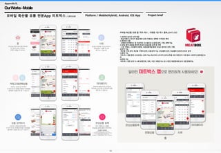 16
OurWorks-Mobile
Appendix B.
모바일 축산물 유통 전문App 미트박스 / 2015.02 Platform / Mobile(Hybrid), Android, IOS App Project brief
모바일 축산물 유통 앱 '미트 박스', 거래량 1만 박스 돌파.(2015.02)
1) 정직한 실시간 시세 제공
- 평균거래가 / 최저가 등을 통한 실제 거래되는 정확한 가격정보 확인
2) 편리한 사용
- 간편한 인터페이스 및 직관적인 시스템으로 손쉽게 검색, 구매, 판매 가능
3) 관심 품목 설정을 통하여 손쉽게 취급상품 검색 및 구매
- 고정 구매시, 고정품목 정형화, 내관심품목을 통한 손쉽고 편리한 검색, 구매
4)검색 기능
-축산물 시세 검색, 축산물 구매처 검색, 상품검색 기능, 관심품목 검색, 취급품목 설정후 손쉬운 검색
5)결제 기능
-미트박스 앱을 통한 신뢰성있는 결제 기능,공급자와 소비자의 권리보호를 위한 쌍방간의 거래 완료 시점까지 결제대금 보
관
6)판매 기능
-미트박스 통한 전국 도소매 유통업체, 정육, 식당, 대형급식소 등 수많은 회원들에게 보유 상품 판매기능
 
