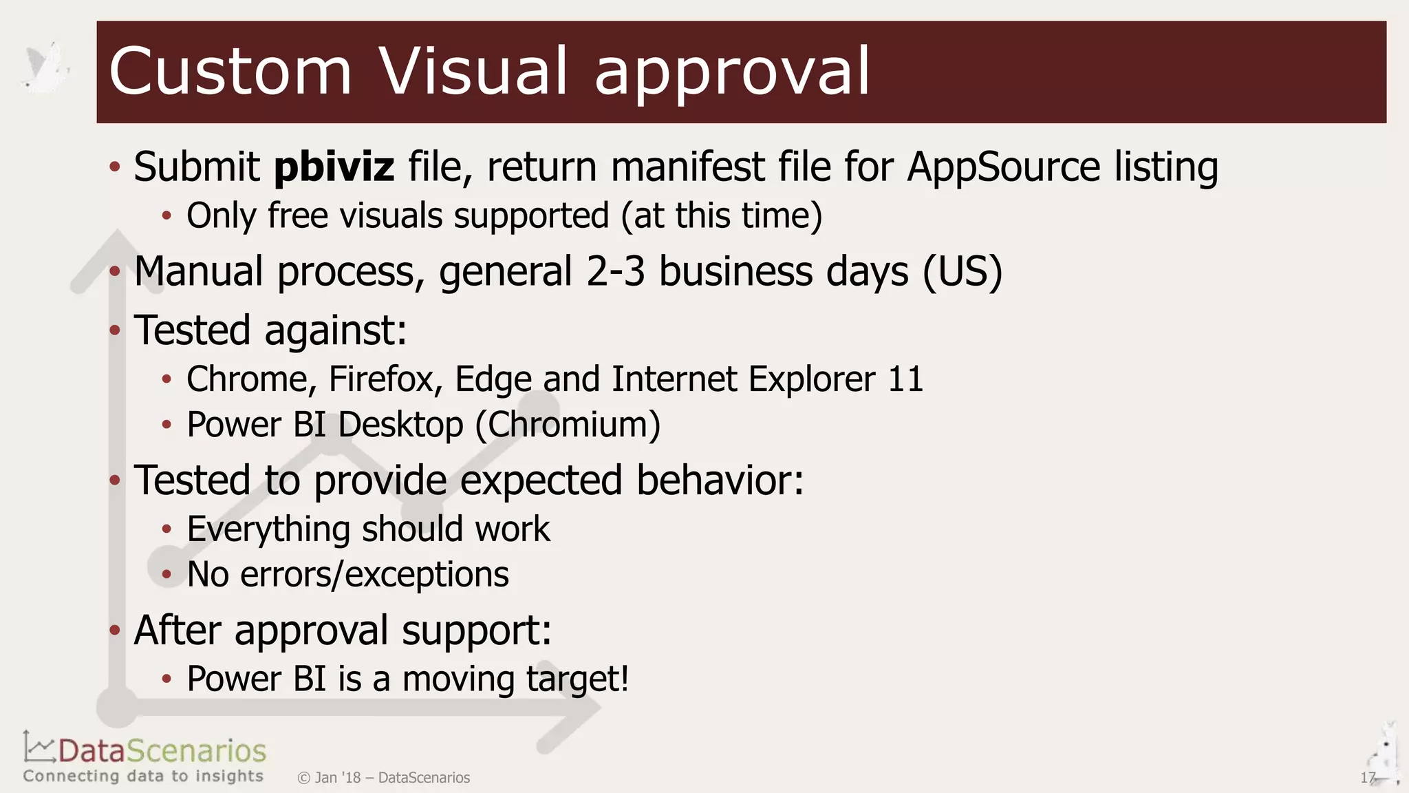 • Submit pbiviz file, return manifest file for AppSource listing
• Only free visuals supported (at this time)
• Manual process, general 2-3 business days (US)
• Tested against:
• Chrome, Firefox, Edge and Internet Explorer 11
• Power BI Desktop (Chromium)
• Tested to provide expected behavior:
• Everything should work
• No errors/exceptions
• After approval support:
• Power BI is a moving target!
17© Jan '18 – DataScenarios
Custom Visual approval
 