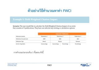 www.nstda.or.th
© NSTDA 2018
14FWCI
ตัวอย่างวิธีคํานวณหาค่า FWCI
วิธีการคํานวณ ประกอบด้วย 5 ขั้นตอน
การคํานวณประกอบด้วย 5 ขั้นตอน ดังนี้
 