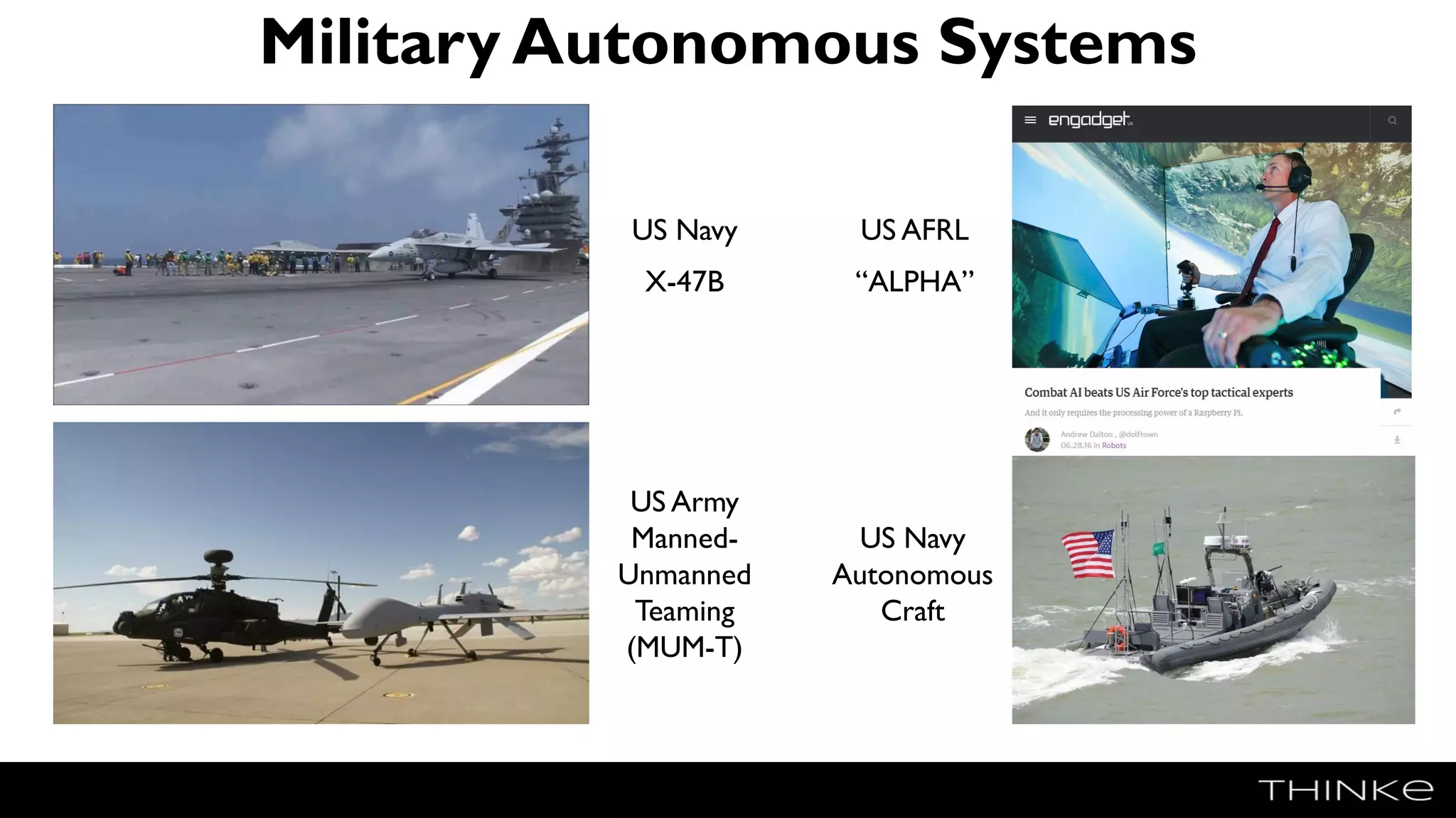 Military Autonomous Systems
US Army
Manned-
Unmanned
Teaming
(MUM-T)
US Navy
Autonomous
Craft
US Navy
X-47B
US AFRL
“ALPHA”
 