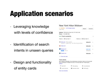 Application scenarios
- Leveraging knowledge

with levels of conﬁdence

- Identiﬁcation of search

intents in unseen queries

- Design and functionality

of entity cards
 