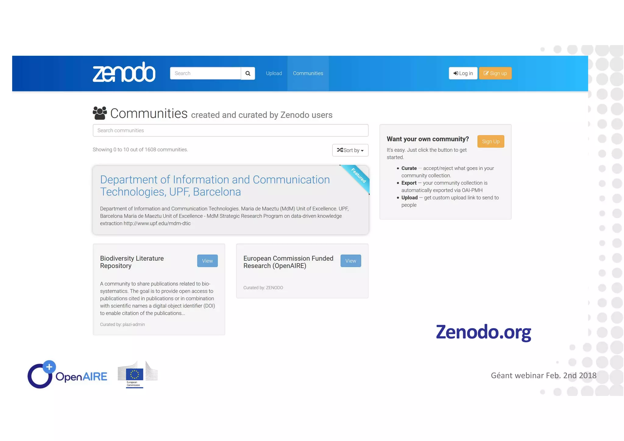 Zenodo.org
Géant webinar Feb. 2nd 2018
 
