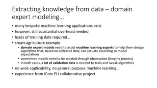 Extracting knowledge from data – domain
expert modeling…
• many bespoke machine-learning applications exist
• however, still substantial overhead needed
• loads of training data required…
• smart-agriculture example
• domain expert models need to assist machine learning experts to help them design
algorithms that, based on collected data, can actuate according to model
expectations
• sometimes models need to be created through observation (lengthy process)
• in both cases, a lot of validation data is needed to train and tweak algorithms
• no wide applicability, no general purpose machine learning…
• experience from iCore EU collaborative project
 