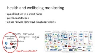 health and wellbeing monitoring
• quantified self in a smart home
• plethora of devices
• all use “device (gateway) cloud app” chains
device-gateway
protocols
gateway-cloud
IP
cloud-app
IP
RESTful APIs MQTT pub/sub
biggest “source of troubles”
Operating Systems
 