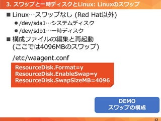 3. スワップと一時ディスクとLinux: Linuxのスワップ
 Linux…スワップなし (Red Hat以外)
 /dev/sda1…システムディスク
 /dev/sdb1…一時ディスク
 構成ファイルの編集と再起動
(ここでは4096MBのスワップ)
12
/etc/waagent.conf
DEMO
スワップの構成
ResourceDisk.Format=y
ResourceDisk.EnableSwap=y
ResourceDisk.SwapSizeMB=4096
 