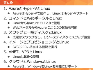 まとめ
1. AzureとHyper-VとLinux
 AzureはHyper-Vで動作し、LinuxはHyper-Vサポート
2. コマンドとWebポータルとLinux
 LinuxからはAzure CLI 2.0で管理
 WebポータルからAzure CLI 2.0の起動も可能
3. スワップと一時ディスクとLinux
 既定はスワップなし、リソースディスクにスワップ設定
4. イメージとプロビジョニングとLinux
 SYSPREPに相当する機能を実行
5. VNET、VPNとLinux
 LinuxはIKEv2使用
6. クラウドとWindowsとLinux
 Azureは、WindowsもLinuxも同様にサポート
28
 