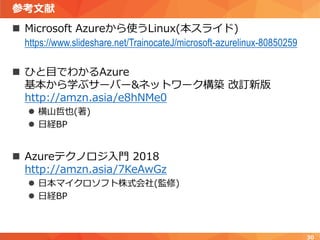 参考文献
 Microsoft Azureから使うLinux(本スライド)
https://www.slideshare.net/TrainocateJ/microsoft-azurelinux-80850259
 ひと目でわかるAzure
基本から学ぶサーバー&ネットワーク構築 改訂新版
http://amzn.asia/e8hNMe0
 横山哲也(著)
 日経BP
 Azureテクノロジ入門 2018
http://amzn.asia/7KeAwGz
 日本マイクロソフト株式会社(監修)
 日経BP
30
 