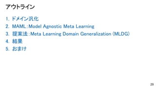アウトライン
1. ドメイン汎化
2. MAML：Model Agnostic Meta Learning
3. 提案法：Meta Learning Domain Generalization (MLDG)
4. 結果
5. おまけ
29
 