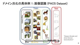 ドメイン汎化の具体例 1：画像認識 (PACS Dataset)
6
”Deeper, Broader and
Artier Domain
Generalization”
 