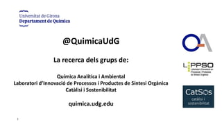 1
@QuimicaUdG
La recerca dels grups de:
Química Analítica i Ambiental
Laboratori d’Innovació de Processos i Productes de Síntesi Orgànica
Catàlisi i Sostenibilitat
quimica.udg.edu
 