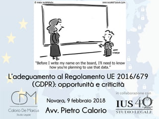 L’adeguamento al Regolamento UE 2016/679
(GDPR): opportunità e criticità
Avv. Pietro Calorio
Novara, 9 febbraio 2018
in collaborazione con
 