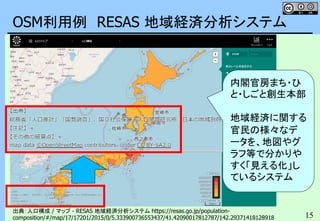 15
OSM利用例 RESAS 地域経済分析システム
出典：人口構成 / マップ - RESAS 地域経済分析システム https://resas.go.jp/population-
composition/#/map/17/17201/2015/0/5.333900736553437/41.42090017812787/142.29371418128918
内閣官房まち・ひ
と・しごと創生本部
地域経済に関する
官民の様々なデ
ータを、地図やグ
ラフ等で分かりや
すく「見える化」し
ているシステム
 