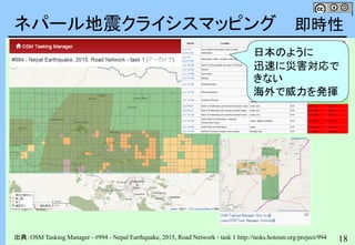 18
ネパール地震クライシスマッピング
出典：OSM Tasking Manager - #994 - Nepal Earthquake, 2015, Road Network - task 1 http://tasks.hotosm.org/project/994
即時性
日本のように
迅速に災害対応で
きない
海外で威力を発揮
 
