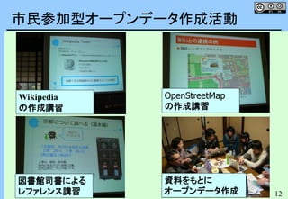 12
市民参加型オープンデータ作成活動
図書館司書による
レファレンス講習
資料をもとに
オープンデータ作成
OpenStreetMap
の作成講習
Wikipedia
の作成講習
 