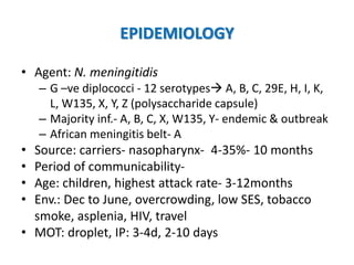 EPIDEMIOLOGY
• Agent: N. meningitidis
– G –ve diplococci - 12 serotypes A, B, C, 29E, H, I, K,
L, W135, X, Y, Z (polysaccharide capsule)
– Majority inf.- A, B, C, X, W135, Y- endemic & outbreak
– African meningitis belt- A
• Source: carriers- nasopharynx- 4-35%- 10 months
• Period of communicability-
• Age: children, highest attack rate- 3-12months
• Env.: Dec to June, overcrowding, low SES, tobacco
smoke, asplenia, HIV, travel
• MOT: droplet, IP: 3-4d, 2-10 days
 