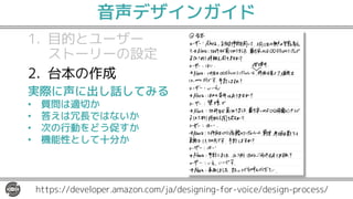 音声デザインガイド
1. 目的とユーザー
ストーリーの設定
2. 台本の作成
3. 対話フローの作成
4. スキル構築のための
準備
https://developer.amazon.com/ja/designing-for-voice/design-process/
実際に声に出し話してみる
• 質問は適切か
• 答えは冗長ではないか
• 次の行動をどう促すか
• 機能性として十分か
 
