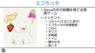 エコちっち
• Alexaの中で妖精を育てる育
成ゲーム
• インテント
• リセット(たまごに戻す)
• エコちっちの状態確認
• ごはん
• ダンス
• お勉強
• トイレ
• 寝かせる
• 起こす
 
