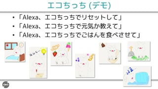 エコちっち (デモ)
• 「Alexa、エコちっちでリセットして」
• 「Alexa、エコちっちで元気か教えて」
• 「Alexa、エコちっちでごはんを食べさせて」
 