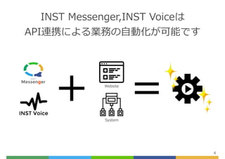 INST Messenger,INST Voiceは
API連携による業務の⾃動化が可能です
4
Website
System
+ =
 