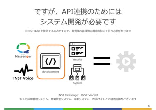 ですが、API連携のためには
システム開発が必要です
6
Website
System
=
※INSTはAPIを提供するのみですので、開発はお客様側の費⽤負担にて⾏う必要があります
development
INST Messenger、INST Voiceは
多くの採⽤管理システム、営業管理システム、基幹システム、Webサイトとの連携実績がございます
 