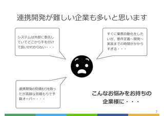 連携開発が難しい企業も多いと思います
7
システムは外部に委託し
ていてどこから⼿を付け
て良いかわからない・・・
すぐに業務⾃動化をした
いが、要件定義〜開発〜
実装までの時間がかかり
すぎる・・・
連携開発の⾒積もりを取っ
たが⾼額な⾒積もりで予
算オーバー・・・
こんなお悩みをお持ちの
企業様に・・・
 