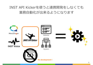 INST API Kickerを使うと連携開発をしなくても
業務⾃動化が出来るようになります
9
Website
System
=
No development！
 