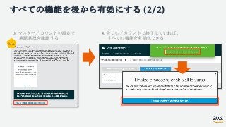すべての機能を後から有効にする (2/2)
MA
3. マスターアカウントの設定で
承認状況を確認する
4. 全てのアカウントで終了していれば、
すべての機能を有効化できる
 