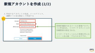 新規アカウントを作成 (2/2)
3. 作成するアカウントの名前、メールアドレス、
IAMロール名を指定して作成する
MA
管理者権限のあるロールが新規アカウン
トに作成され、マスターアカウントとの
信頼関係が設定される。
マスターアカウントか...
