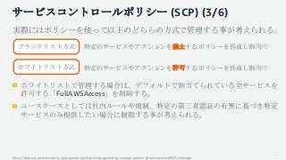 サービスコントロールポリシー (SCP) (3/6)
実際にはポリシーを使って以下のどちらの方式で管理する事が考えられる。
ホワイトリストで管理する場合は、デフォルトで割当てられている全サービスを
許可する「FullAWSAccess」を削除す...