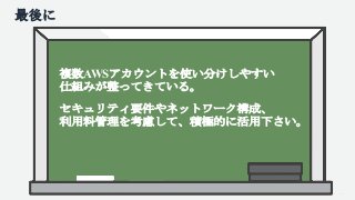 最後に
複数AWSアカウントを使い分けしやすい
仕組みが整ってきている。
セキュリティ要件やネットワーク構成、
利用料管理を考慮して、積極的に活用下さい。
 